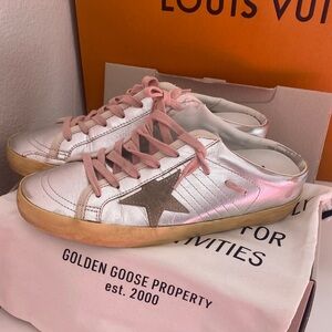 Golden Goose Women's Silver Sneakers with Pink Laces